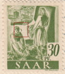 Germany SAAR postage stamp error: Thick bent line next to kneeling girl’s head (the feather flaw).