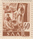 Germany SAAR postage stamp error: Colored dot next to kneeling girl’s head (the hair knot flaw)