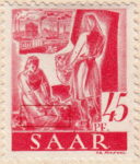 Germany SAAR postage stamp error: Horizontal line over kneeling girl’s knees (coat hanger flaw).