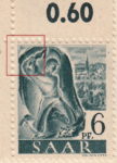 Germany SAAR postage stamp error: Thin line splitting miner’s right hand.