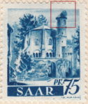 Germany SAAR postage stamp error: Big colored spot on top of the tower (the stork nest flaw).