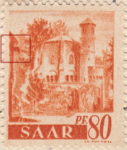 Germany SAAR postage stamp error: Big colored spot on top of the left wall (the gargoyle flaw).