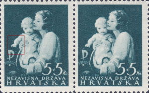 Croatia 1942 charity postage stamp plate flaw: white circle on baby's left hand
