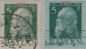 Bavaria 1911 Luitpold pfennig postage stamp types 1 and 2