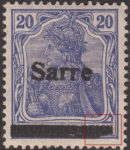 Germany 1920 SARRE postage stamp type bottom right corner of canceling bar damaged