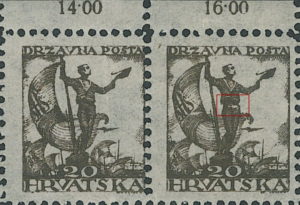 SHS Yugoslavia Croatia 20 filler postage stamp plate flaw: Sailor with white belt