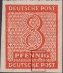 Germany Soviet occupation zone West Saxony stamp plate flaw White spot below the second letter N in PFENNIG and a scratch on the second letter E in DEUTSCHE.