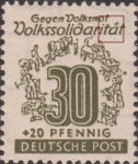 Germany Soviet occupation zone West Saxony stamp plate flaw Letters t and ä in Volkssolidarität connected by a dot.