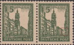 Germany Soviet occupation zone West Saxony stamp plate flaw Part of the wall of the building on the right missing.