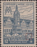 Germany Soviet occupation zone West Saxony stamp plate flaw Wide white scratch on the first market umbrella from the right.