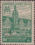 Germany Soviet occupation zone West Saxony stamp plate flaw Right fold of the first umbrella from the left broken twice.