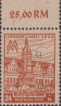 Germany Soviet occupation zone West Saxony stamp plate flaw Small dot above the 6th cloud line below the second E in MESSE, colored spot on the right fold of the second umbrella from the right.