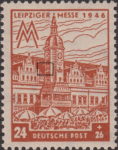 Germany Soviet occupation zone West Saxony stamp plate flaw Colored spot on the left side of the tower, left from the second window.