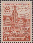 Germany Soviet occupation zone West Saxony stamp plate flaw Colored spot on the facade above the first umbrella from the right.