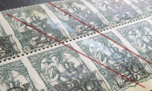Philately postage stamp error example gum spill