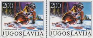 Yugoslavia 1987 postage stamp plate flaw dot after P Crans Montana skiing