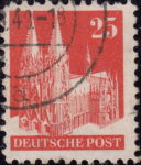 Germany 1948 Cologne Cathedral postage stamp plate flaw Colored line over the first portal