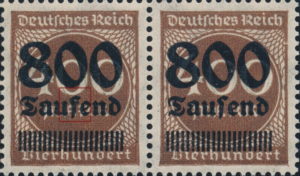 Germany 1923 postage stamp overprint flaw s in Tausend like f Taufend