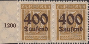 Germany 1923 postage stamp overprint flaw s in Tausend split