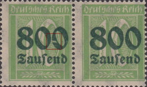 Germany 1923 postage stamp overprint flaw zero in denomination damaged