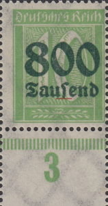 Germany 1923 postage stamp overprint flaw s in Tausend short