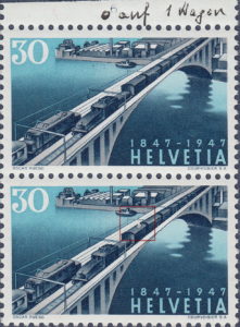 Switzerland 1947 railway anniversary postage stamp plate flaw spot on coach