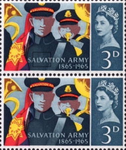 Great Britain 1965 Salvation Army postage stamp plate flaw white spot on V