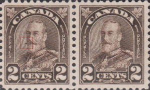Canada George V postage stamp plate flaw extended mustache