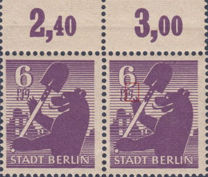 Soviet occupation zone Germany Berlin Brandenburg stamp plate flaw Indentation in letter g in Pfg.
