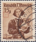 National costume of Burgenland, Lutzmannsburg (Austria) on postage stamp.