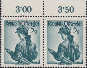 Austria postage stamp error Salzburg Pinzgau costume flaw