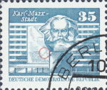 DDR Briefmarke Aufbau in der DDR Karl Marx Denkmal Chemnitz Plattenfehler